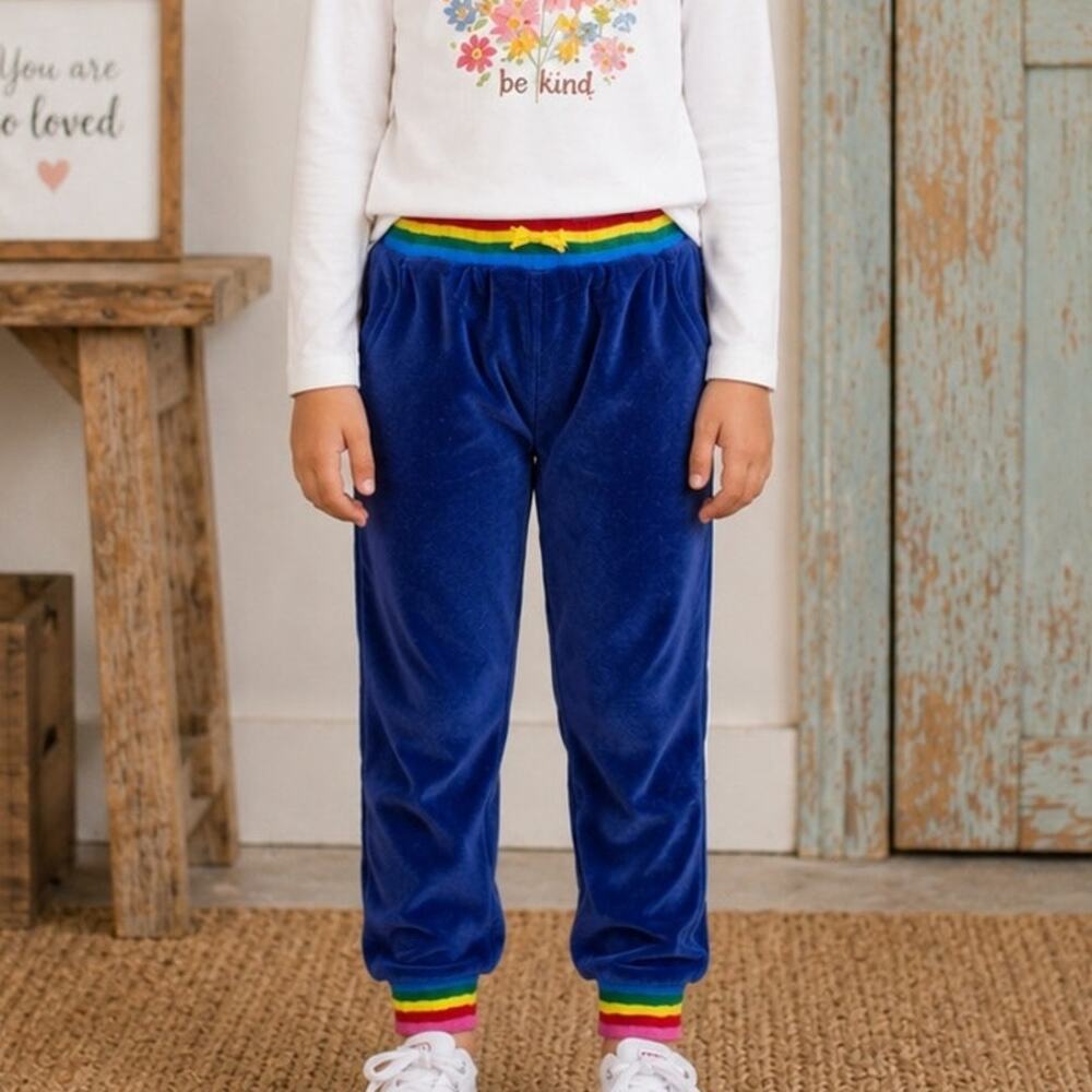 Boden Blue Purple Velour Pull on Rainbow Waist  Joggers 7Y